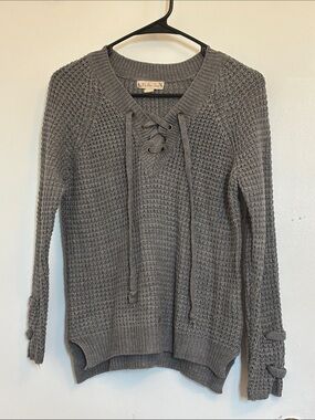 It's Our Time Grey Lace-Up V-Neck Knit Sweater